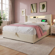 DESMIU Letto Contenitore Letto Matrimoniale con USB, USB-C e LED Regolabile, 140 × 200 cm, Senza Materasso, Beige