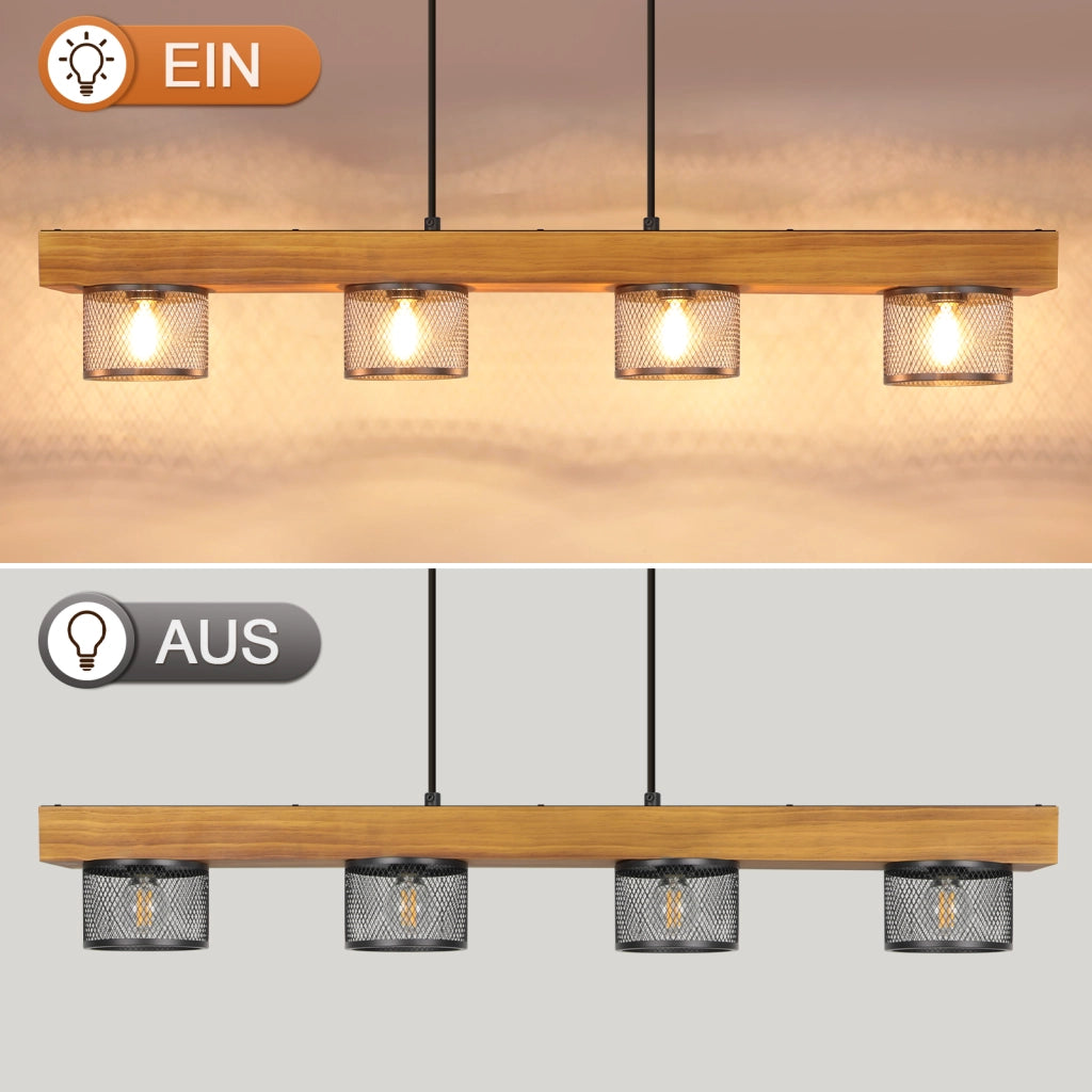 ZMH Lampada a Sospensione Vintage in Legno Nero 4 Luci con Trave in Legno E14 per Sala da Pranzo Senza Lampadina