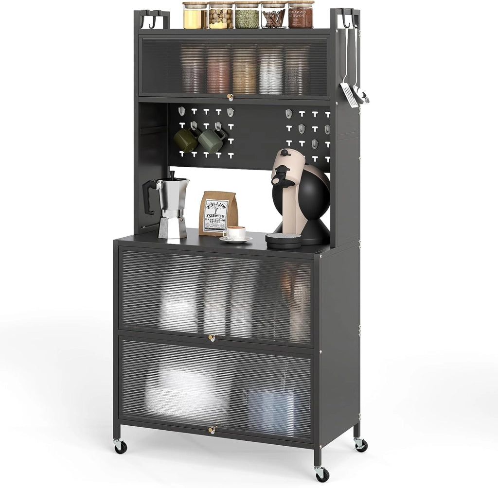 Credenza da Cucina a 5/6 Livelli, Armadietto Dispensa con 4 Ruote Universali, 4 Ganci e 10 Tasselli, Ripiano in Ferro, Mobile Buffet per Soggiorno, Sala da Pranzo (Grigio, 80 x 40 x 164 cm)