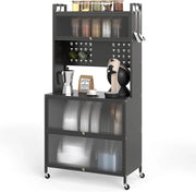 Credenza da Cucina a 5/6 Livelli, Armadietto Dispensa con 4 Ruote Universali, 4 Ganci e 10 Tasselli, Ripiano in Ferro, Mobile Buffet per Soggiorno, Sala da Pranzo (Grigio, 80 x 40 x 164 cm)