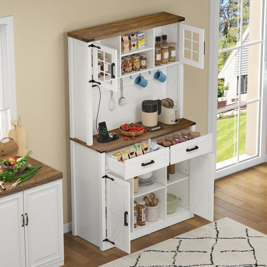 Credenza da Cucina con 2 Cassetti; 4 Vani; Ripiani Regolabili; LED e Prese; in MDF; Marrone e Bianco
