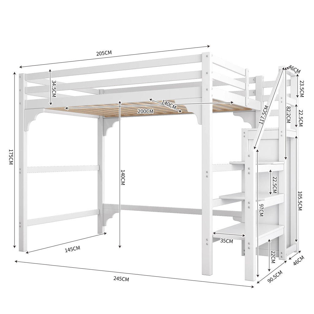 Letto a Soppalco Matrimoniale con Scala Contenitore e Armadio; 140 × 200 cm; senza Materasso; Bianco