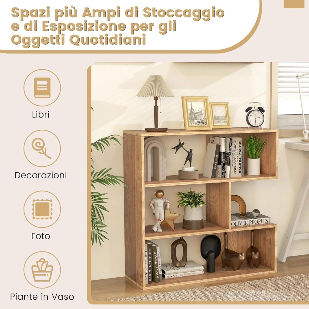 Libreria a Forma Convessa/Concava, Scaffale Aperto a 3 Ripiani in Legno, Scaffale da Esposizione con Dispositivo Antiribaltamento, per Soggiorno Ufficio Camera da Letto (Concava)