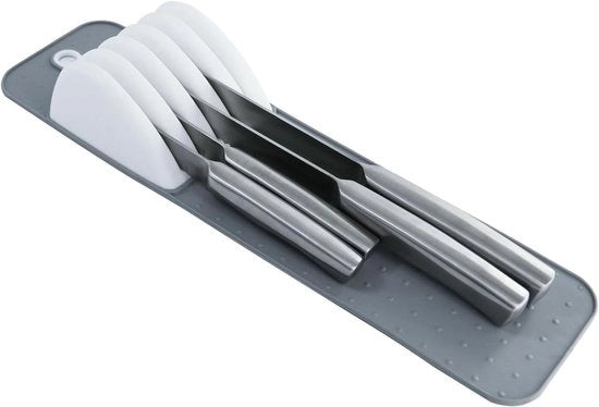Messaio con 5 fessure per in cassetto – Messaio in cassetto a forma di lama con mattonella antiscivolo, spazio di stoccaggio compatto per coltelli da cucina (grigio)
