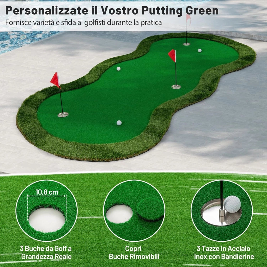 Putting Green, Tappetino da Interno per Putting con 3 Buchi e Palline da Golf, Tappetino da Golf per Casa, Ufficio, Giardino e Patio, 300 cm x 150 cm