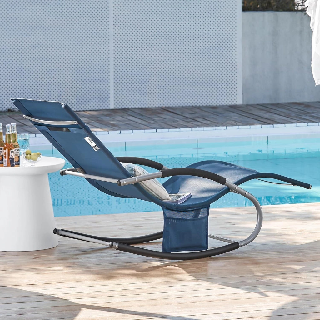 Set di 2 sedie a dondolo da esterno Poltrone sedie sdraio da giardino con cuscino e poggiatesta portata fino a 150 kg Blu Navy OGS28-NBX2