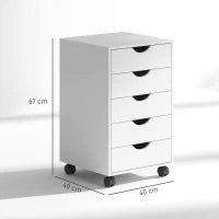 Cassettiera da Ufficio a 5 Cassetti con Ruote Girevoli con Freni, 40x40x67 cm, Bianco