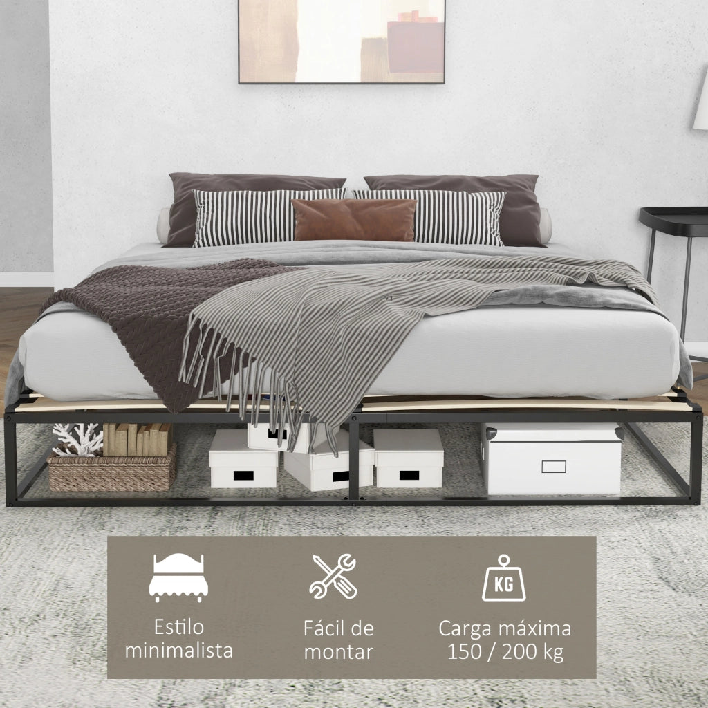 Letto Matrimoniale in Acciaio con Rete a Doghe in Legno ¨C Zephmum ¨C Nero 180x200x25 cm
