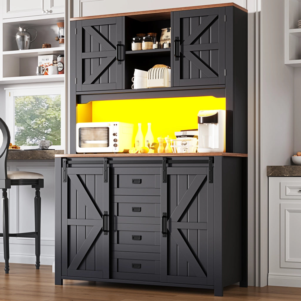 Credenza Cucina Alta con Ante Scorrevoli; 2 Cassetti; Ripiani Regolabili e LED per Cucina; in MDF e Metallo; 115x40x174;7 cm; Nero