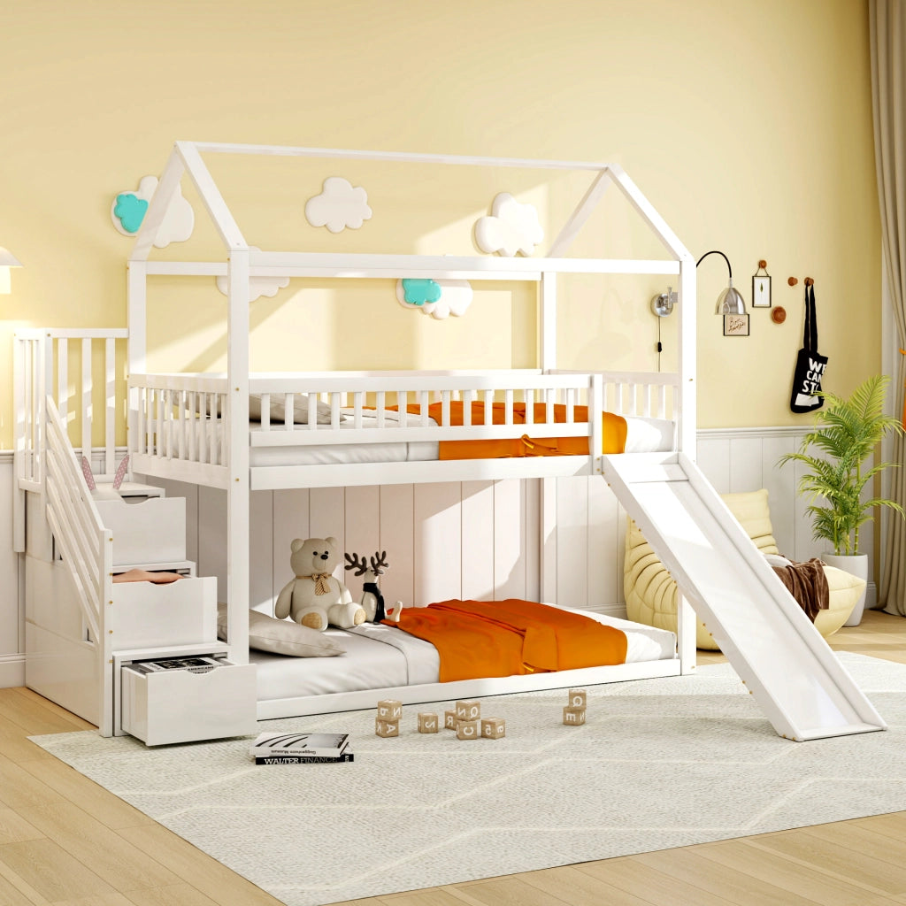 Letto a Soppalco 90x200 cm; Letto per Bambini con Scivolo e Scala Contenitore in Legno Bianco
