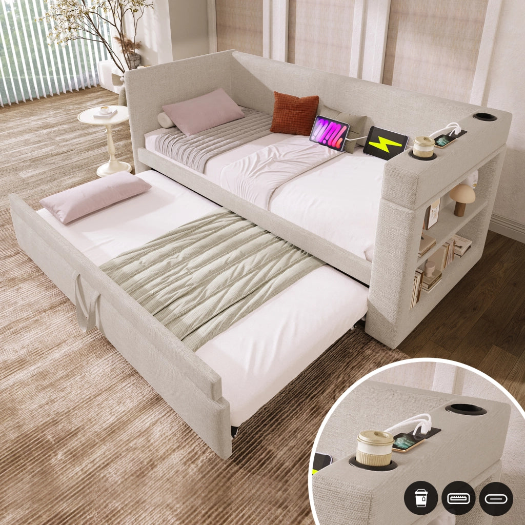 Daybed singolo – 90x190 cm – estraibile USBC portabicchieri – lino beige