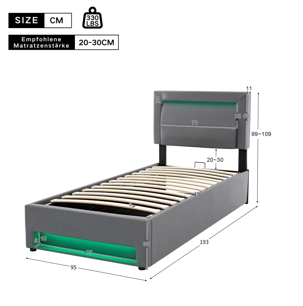 Letto imbottito con USB; LED e contenitore; per materasso 90x190 cm; PU grigio