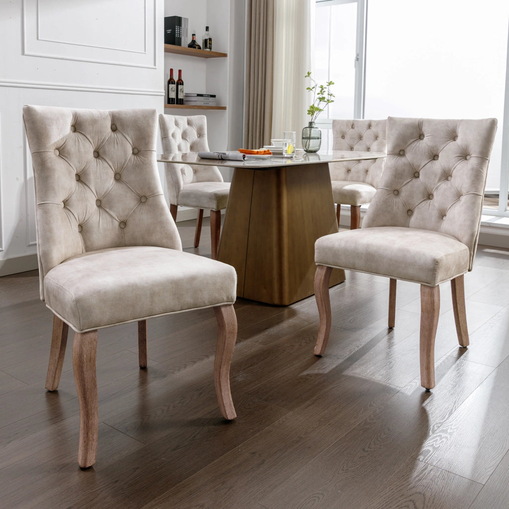 Sedie da Pranzo con Schienale Alto ¨C MINIMAL ¨C Set 4 Pezzi, Velluto Beige, Gambe in Legno Massello