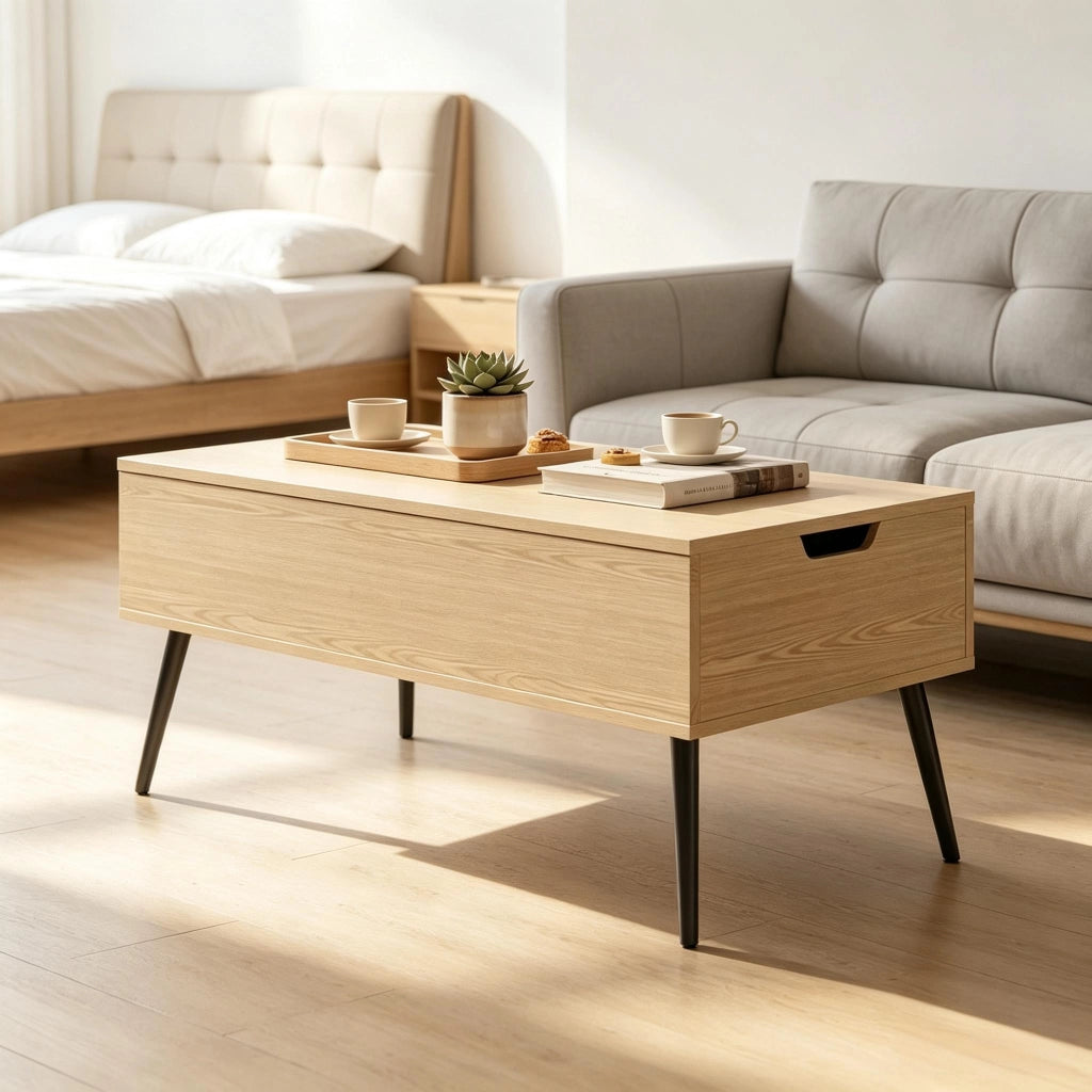 Tavolino basso sollevabile con 2 vani nascosti, per soggiorno e ufficio, nero ed effetto legno, 100 × 50 × 43,6 cm