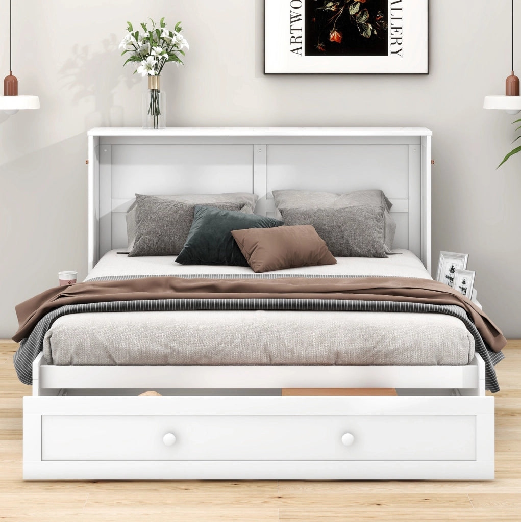 Letto a scomparsa mobile 140x200 cm con cassetti e piccolo scaffale laterale in legno bianco