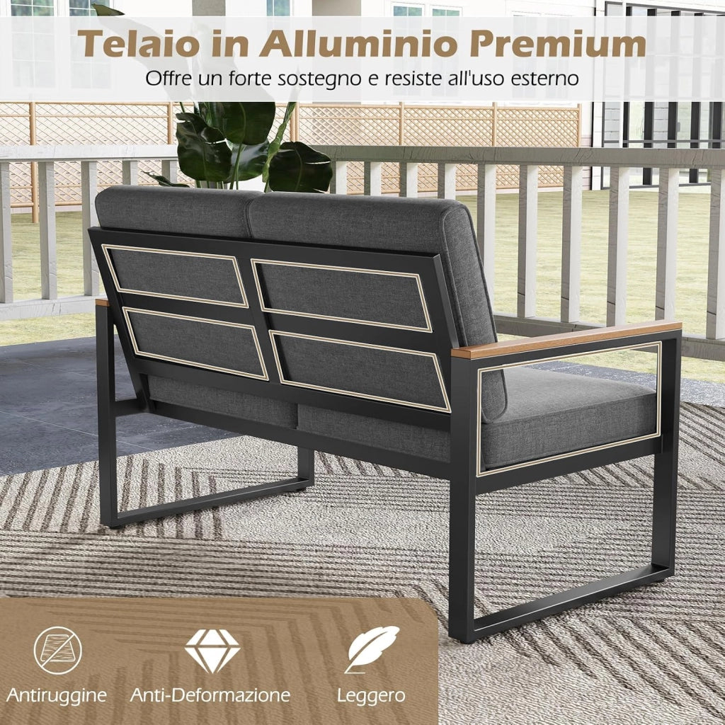 Set da Giardino in Alluminio a 2 Pezzi, Set Tavolino e Poltrona da Giardino, Set da Conversazione da Esterno, Divano Sezionale Imbottito con Tavolino da Caffè, per Cortile Balcone