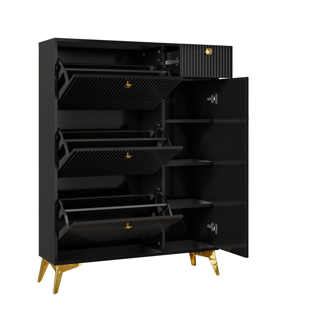 Scarpiera moderna nera con ante; cassetto e maniglie in metallo; 90x25x121 cm