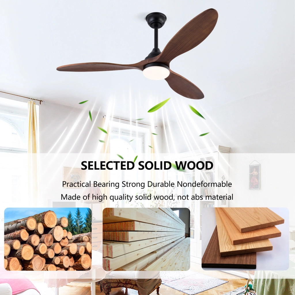 Ventilatore da soffitto da 52 pollici con luce LED; 3 pale in legno massiccio; nero e noce scuro
