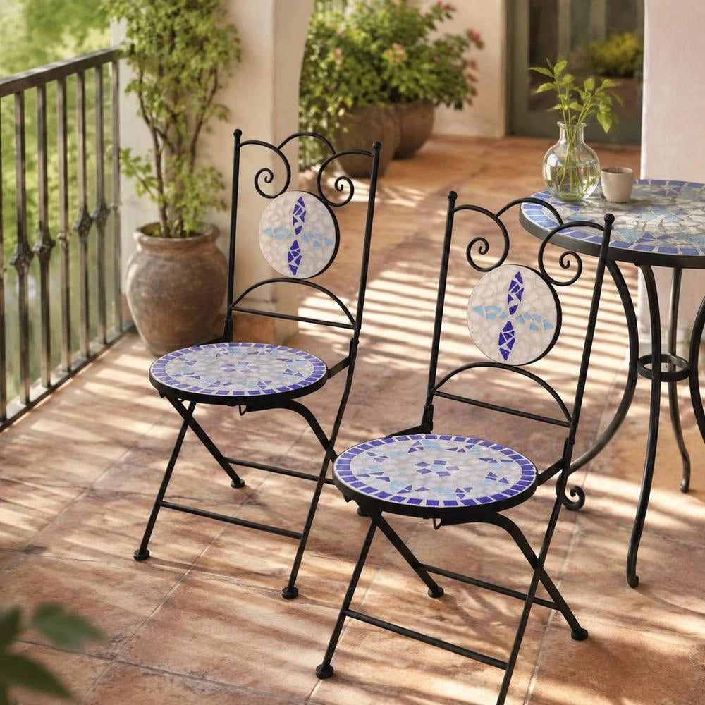 Bistro Chairs, Folding, 2 Pieces, Ceramic, Blue And White
