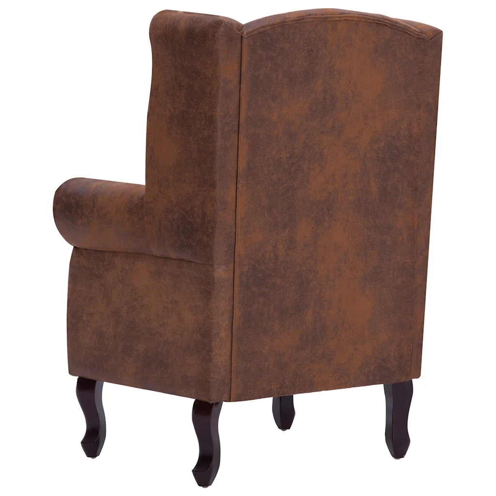 Poltrona Chesterfield Poggiapiedi Marrone Ecopelle Scamosciata