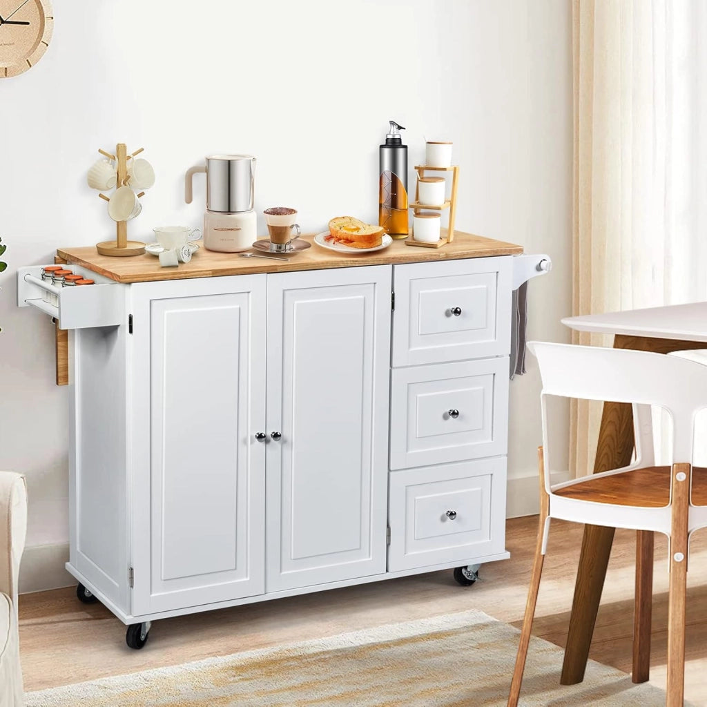 Carrello da Cucina, Credenza Mobile Salvaspazio, Ruote con 2 Freni, Piano Pieghevole, 2 Ripiani Regolabili, 3 Cassetti, 2 Ante, Portaspezie e Portasciugamano, 111x76x91 cm, Bianco