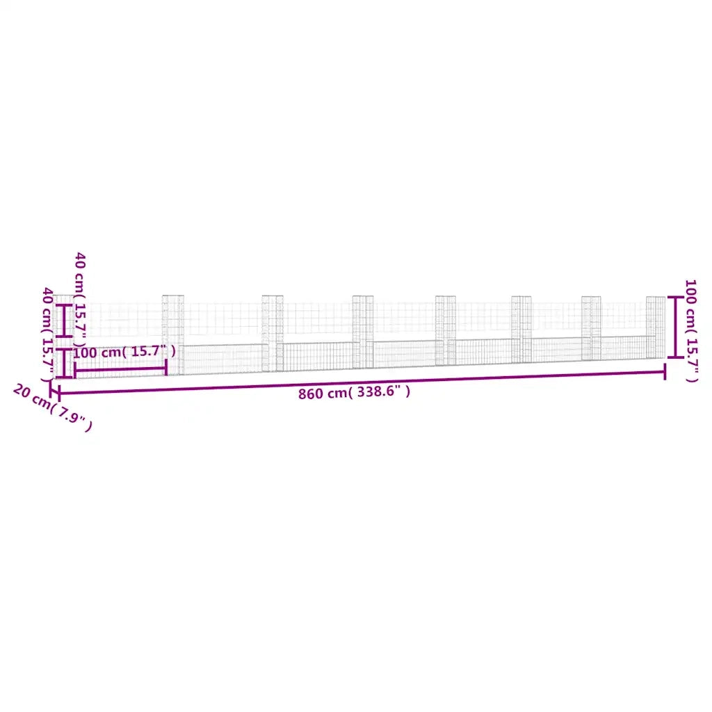 Cesto Gabbione a U con 8 Pali in Ferro 860x20x100 cm 151281