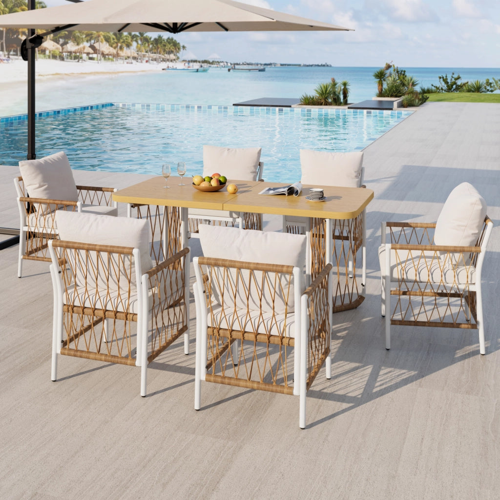 Set da giardino in rattan con tavolo lungo e 6 sedie con cuscini