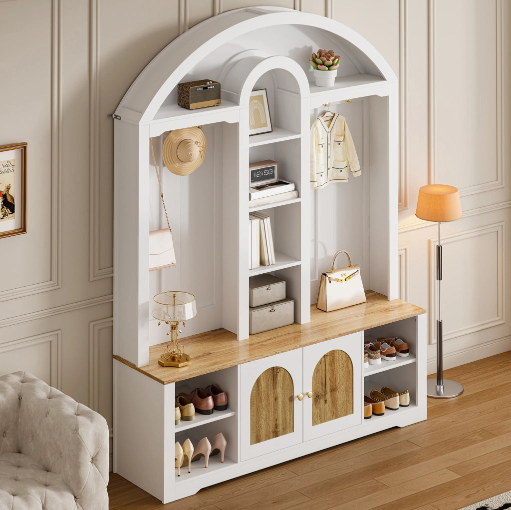 Garderobiera ingresso in MDF bianco con ante effetto legno; 150x40x195 cm; con ganci e LED USB