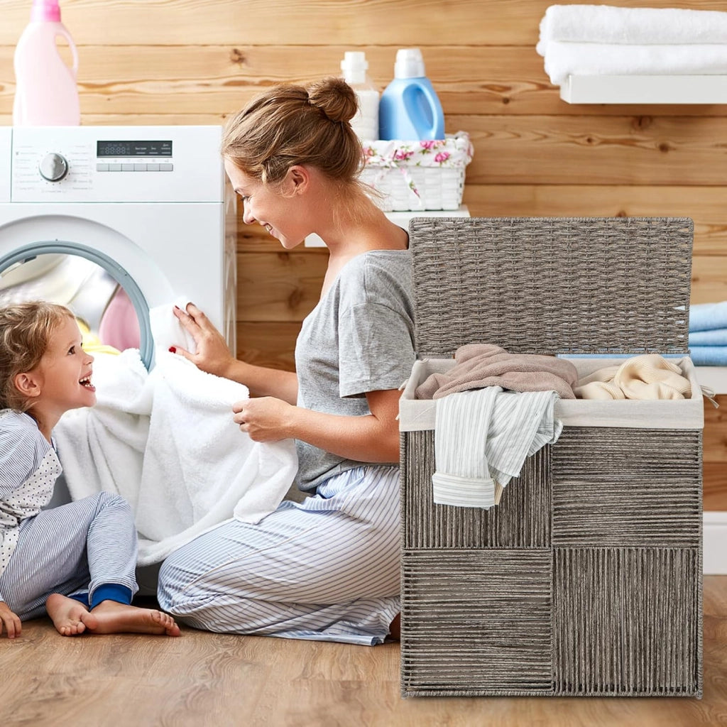 Cesto portabiancheria con coperchio, 110 l, in rattan con tasca interna in 2 parti, design pieghevole e pratici manici, cestino per vestiti in tessuto a mano, per lavanderia e bagno, grigio