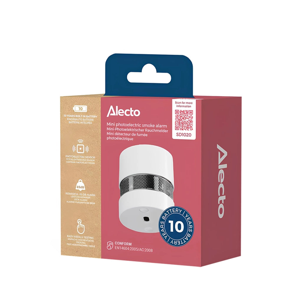 Mini Rilevatore di Fumo Ottico da 85 dB Batteria al Litio CR123A 10 anni EN14604 Bianco Alecto