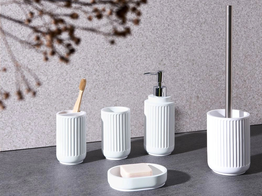Set di 5 accessori da bagno in poliresina bianca Dispenser per sapone Portaspazzolino Porta spazzolino da bagno