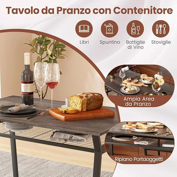 Set da Tavolo e Sedie da Pranzo, Tavolo da Pranzo con 4 Sedie Industriale, Set 5 Pezzi Mobili con Mensola Portaoggetti e Telaio in Metallo, per Cucina Sala da Pranzo, 110 x 70 cm (Grigio)