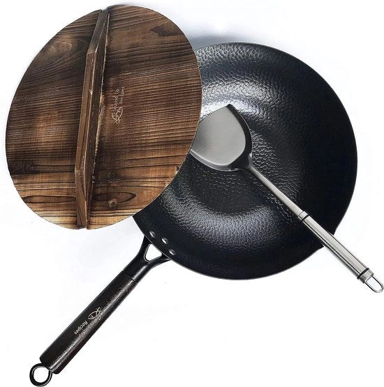 Wok in acciaio di carbonio - Adatto a tutti i forni - Incluso coperchio e spatola - 1 pezzo - H63 cm