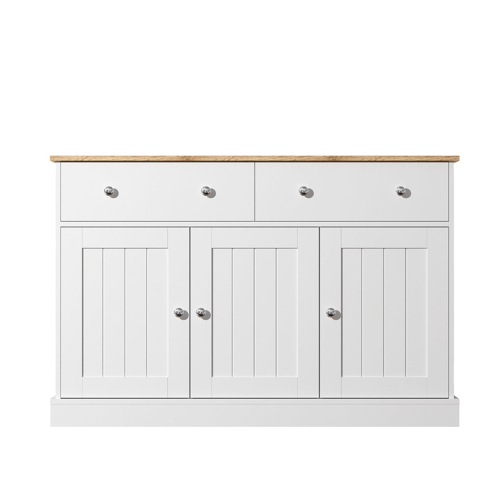 Credenza con 3 Ante e 2 Cassetti; Apertura Push-to-Open; Texture in Rilievo; in Pannello Truciolare; Bianco; 120??36??80;5 cm