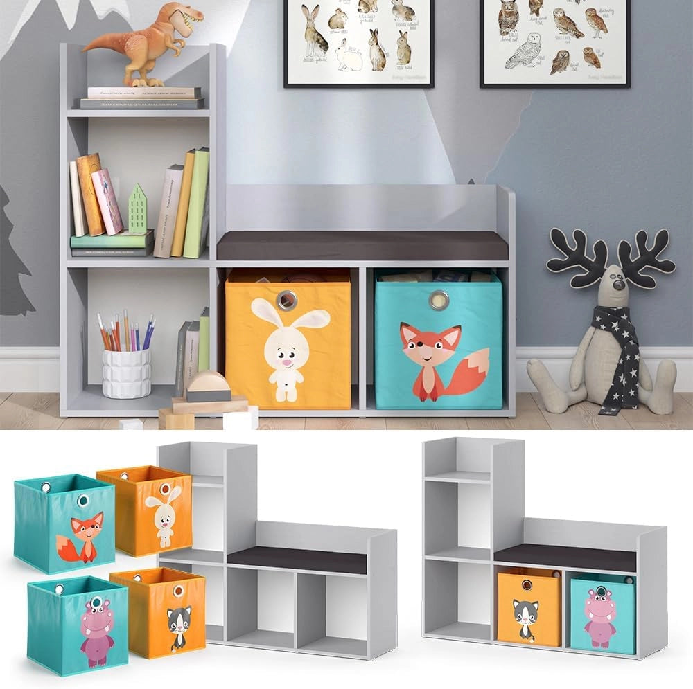 Scaffale per bambini Luigi, Grigio, 107.2 x 88.6 cm con 2 scatole pieghevoli opt.2, con seduta imbottita e quattro ripiani aperti