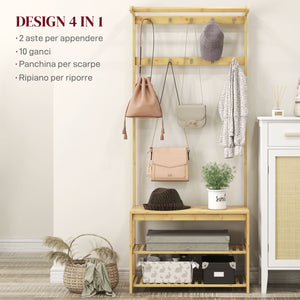 Mobile Appendiabiti da Terra con Ganci Aste e Scarpiera in Bambù 70x31x170 cm Marrone