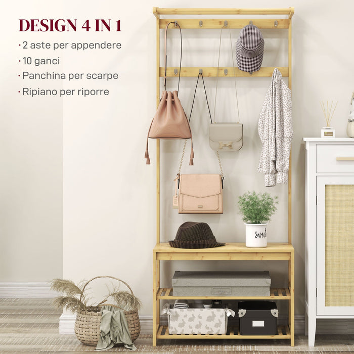 Mobile Appendiabiti da Terra con Ganci Aste e Scarpiera in Bambù 70x31x170 cm Marrone