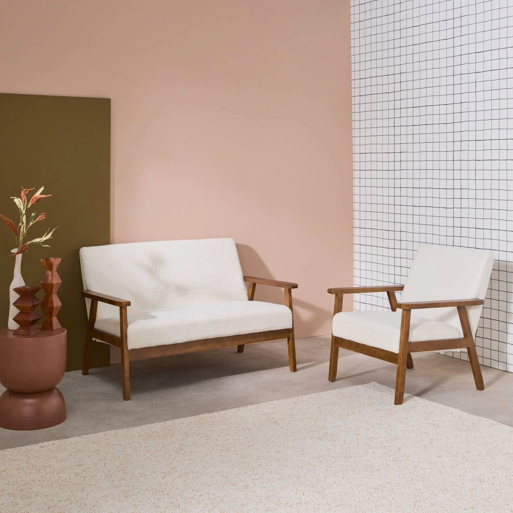 Set panca e poltrona in tessuto bouclé, 3 posti, bouclé bianco
