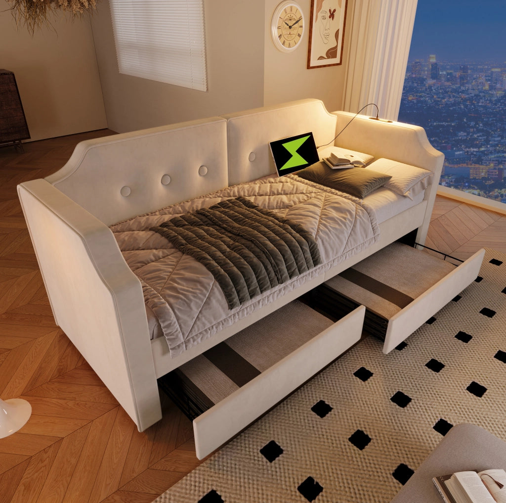 Letto 90x200 cm con USB Type-C; lampada da lettura e 2 cassetti in velluto beige
