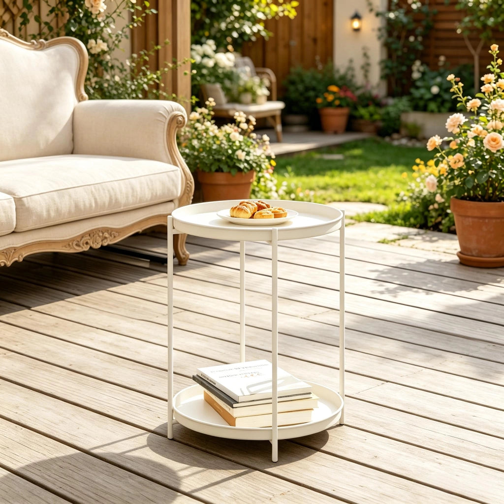 Tavolino basso rotondo con 2 ripiani rimovibili in metallo per soggiorno e camera da letto bianco crema 44 × 44 × 53 cm