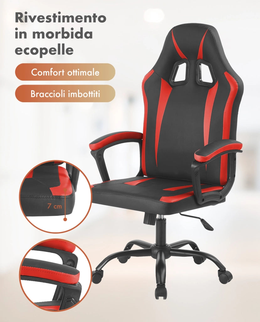 Sedia Gaming Adulto Professionale SimilPelle Reclinabile Con Braccioli Poltrona Ufficio Regolabile in Altezza Pistone Gas Gamer Portata 150 Kg Rosso