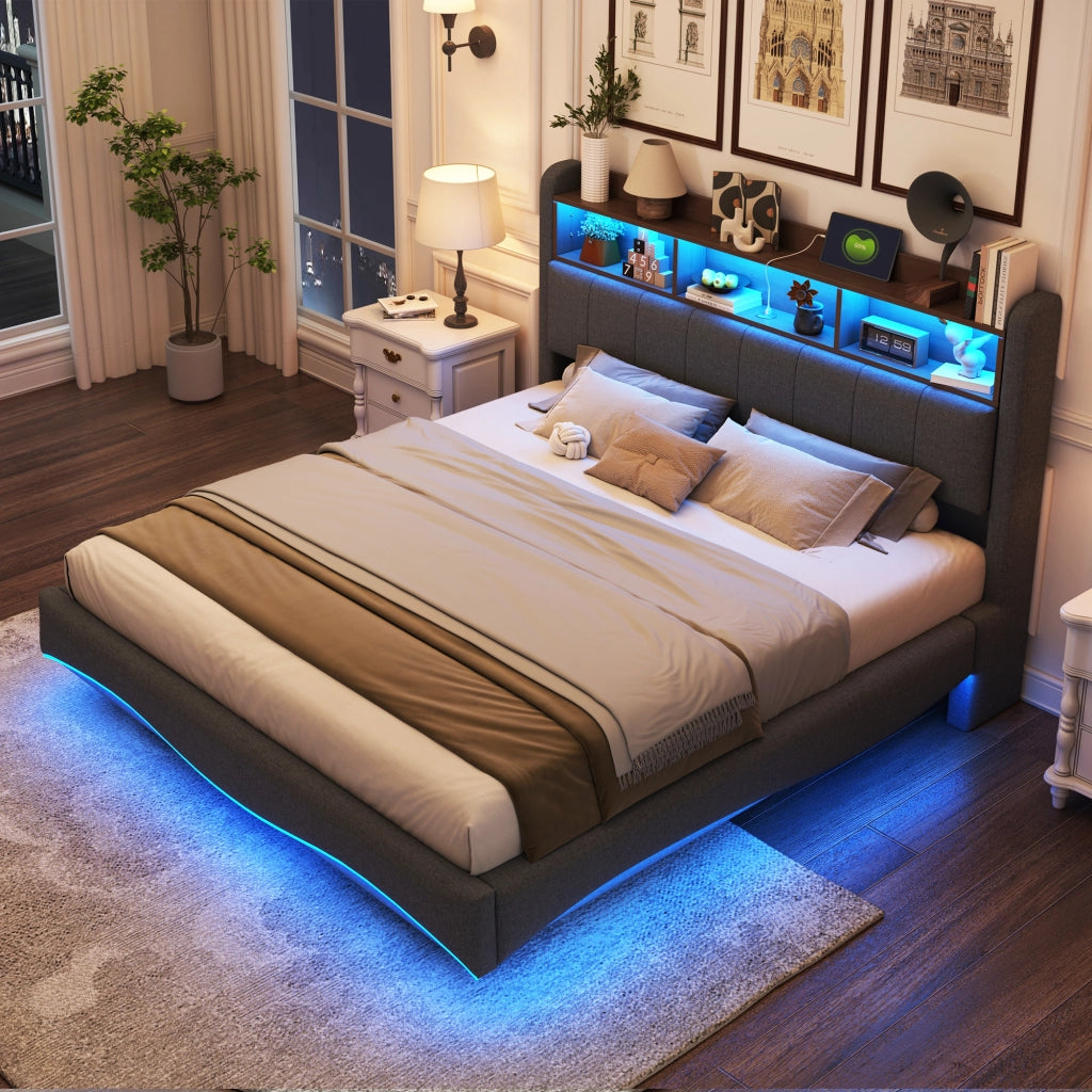OKWISH Letto Imbottito 160×200 cm, Letto Matrimoniale con LED Regolabile, USB, Type C e Vano Testiera, senza Materasso, Grigio