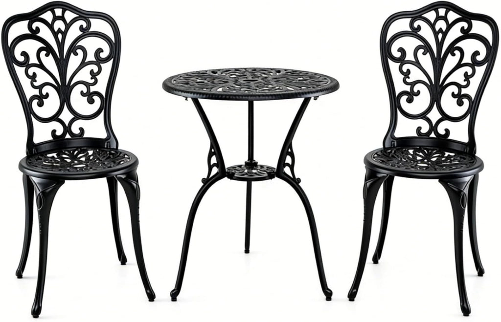 Soggiorno da giardino a 2 posti, tavolo da esterno e 2 sedie con schienale in alluminio pressofuso, foro per ombrellone, stile vintage, mobili da giardino 3 pezzi per terrazza, balcone, patio