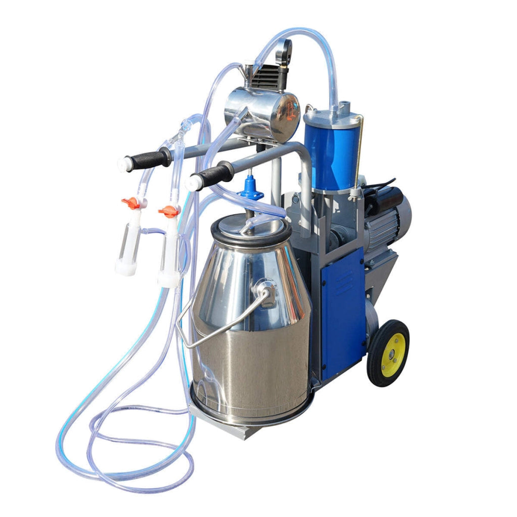 Dispositivo per mungitura di mucche, 1 postazione, 550W, 220V, bidone in acciaio inox da 25L, gruppo di mungitura con 2 manicotti, pressione del vuoto 45-50 kPa, pulsazioni 60-80 cpm.