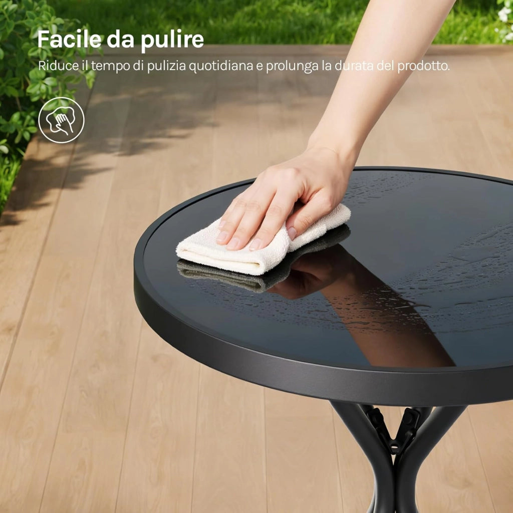 Set di Mobili da Esterno 3 Pezzi, Tavolo con 2 Sedie Pieghevoli, Struttura in Metallo, Resistente alle Intemperie, per Giardino, Terrazza e Balcone, Nero