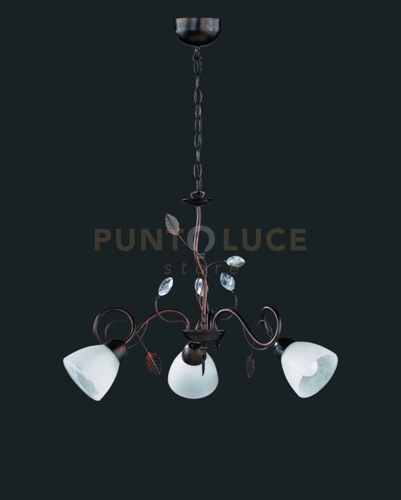 TRADITIO LAMPADARIO 3 LUCI ATTACCO E14 METALLO RUGGINE ANTICO VETRI BIANCHI CON GEMME TRASPARENTI D.70CM