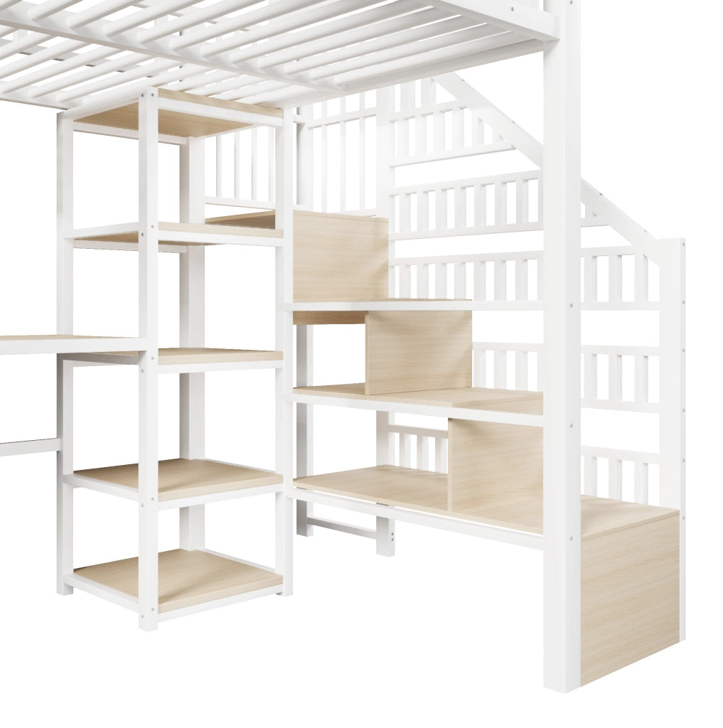 Letto a soppalco ULEVR 140x200 cm con scrivania, scala contenitore, ripiani, LED e USB, bianco