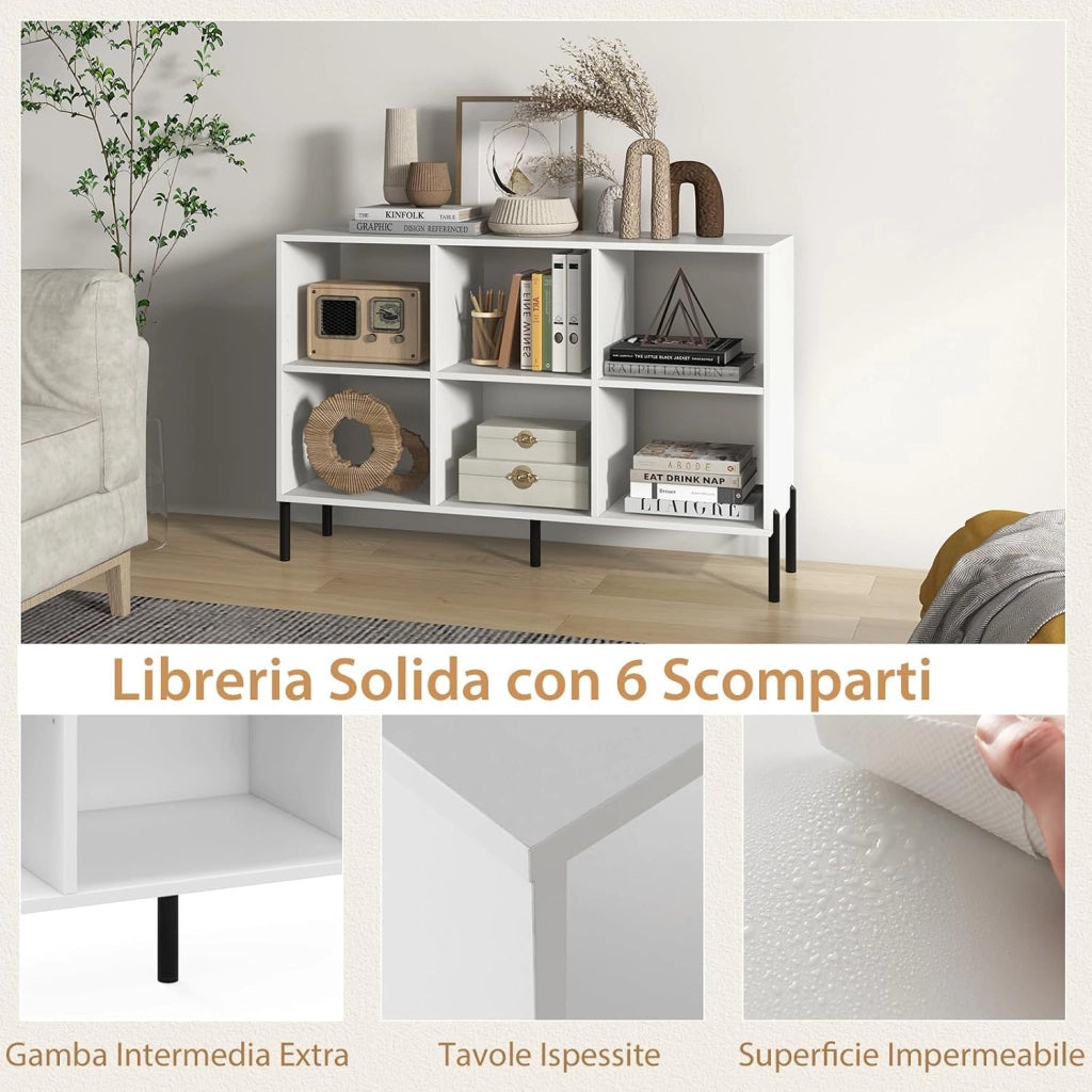 Scaffale a 6 Cubi, Libreria Aperta in Legno con Gambe Metalliche, Ripiani Regolabili in 5 Posizioni, Dispositivo Antiribaltamento, Scaffale per Casa e Ufficio, 120 x 35 x 79,5 cm (Bianco)