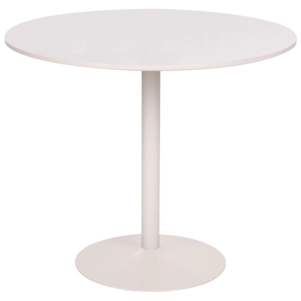 Tavolo da pranzo e da cucina rotondo in stile boho con piano in MDF (ø 90 cm), base in ferro verniciata a polvere e impiallacciatura in beige chiaro