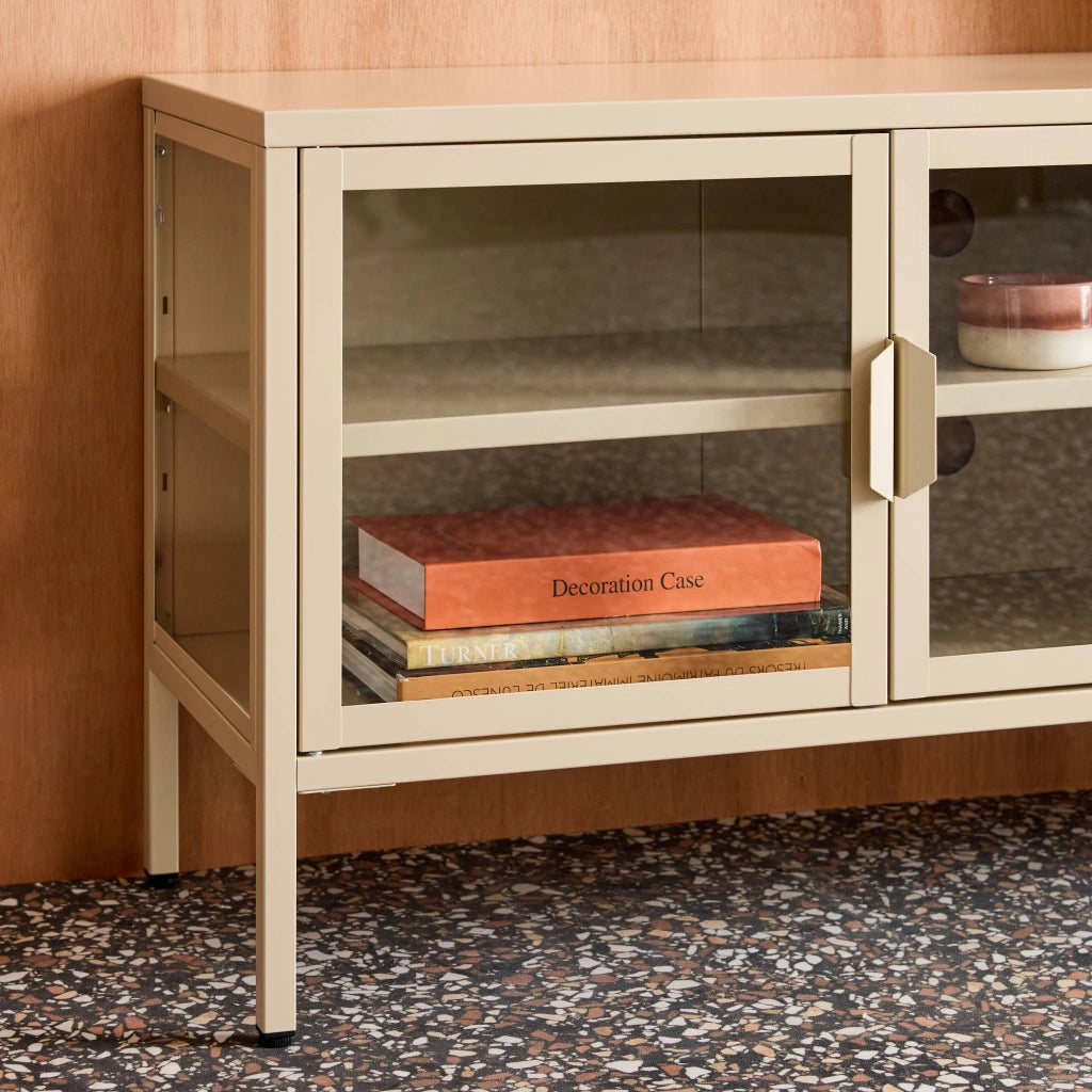 Mobile tv industriale in metallo e vetro temperato 3 ante 120cm, beige